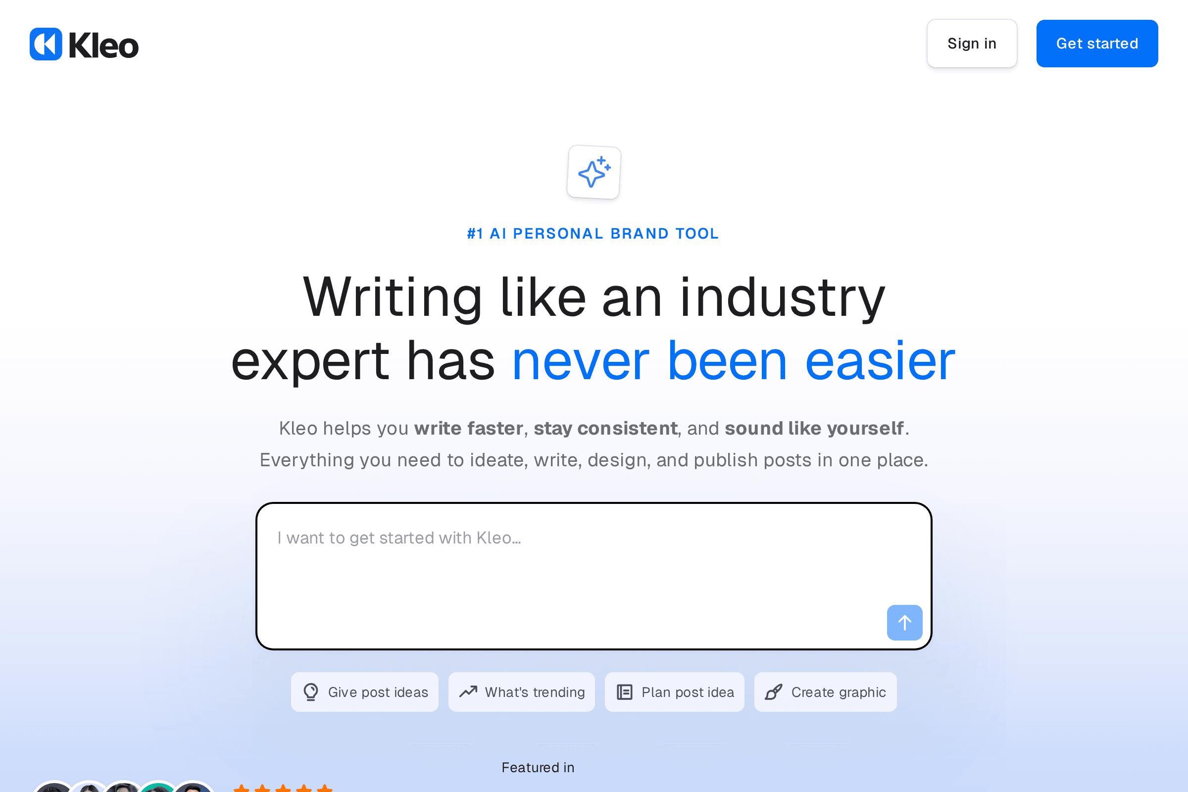 Kleo homepage screenshot showing creator-first LinkedIn tool