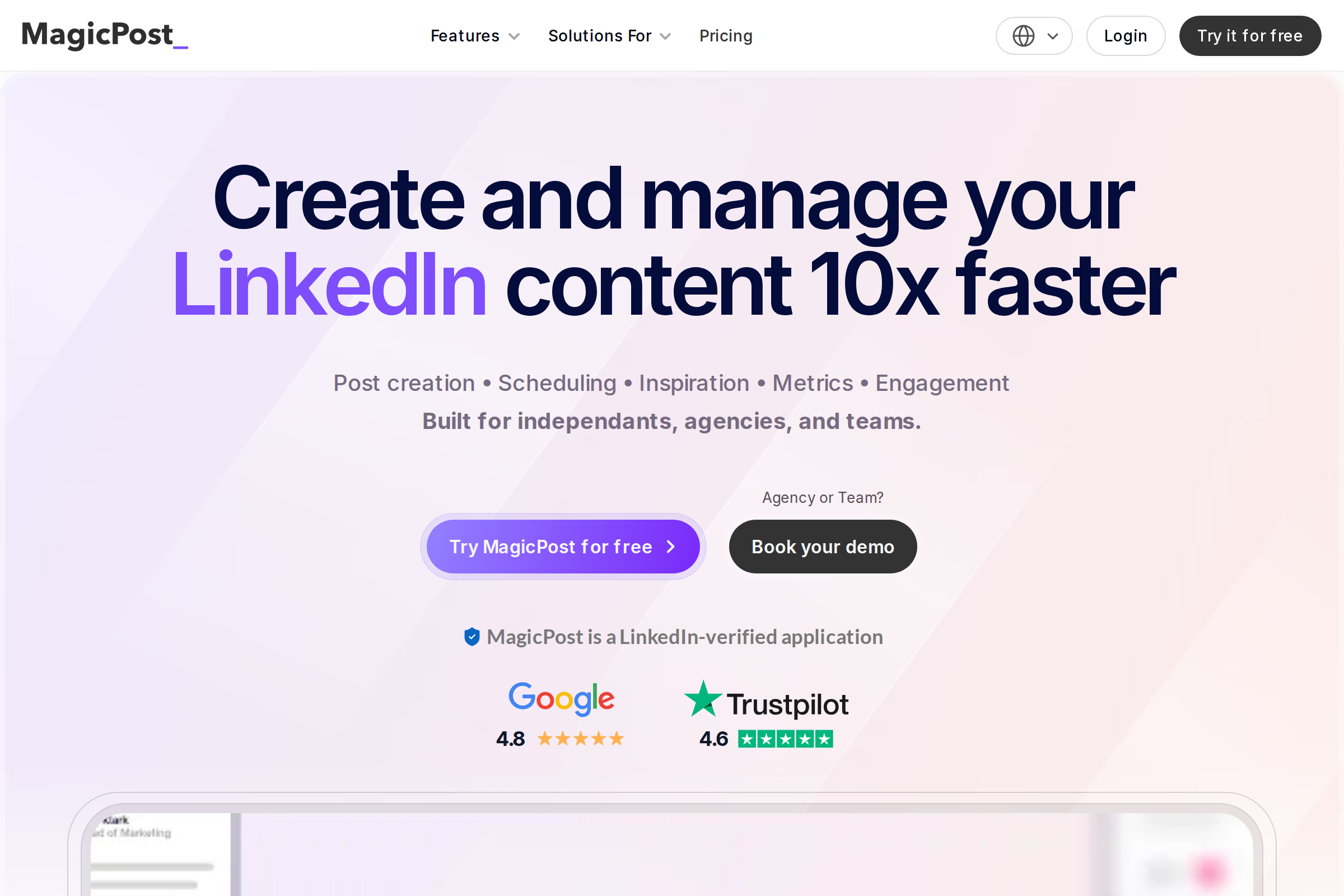 MagicPost homepage screenshot showing AI post generator features