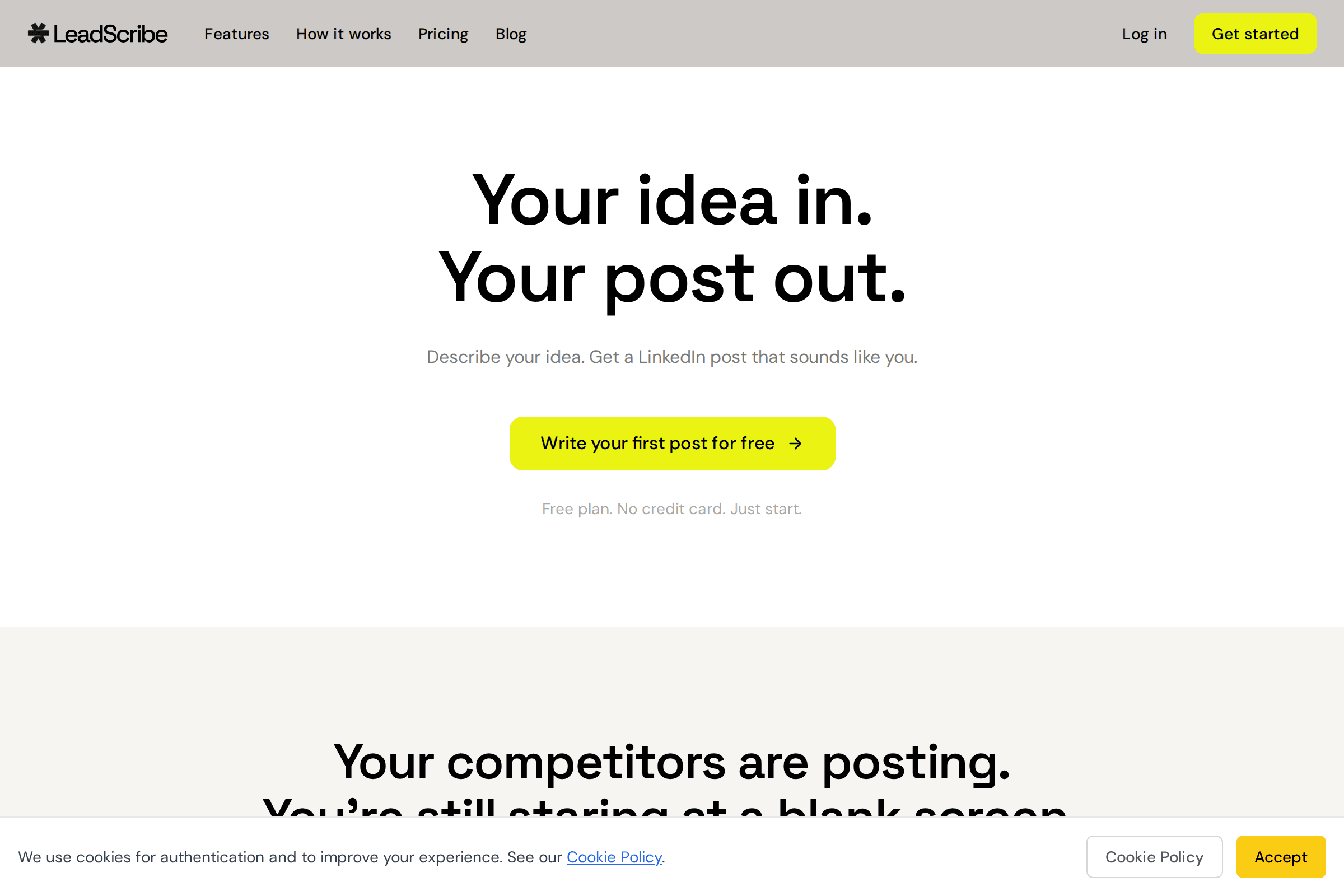 LeadScribe homepage showing simple AI LinkedIn post generator