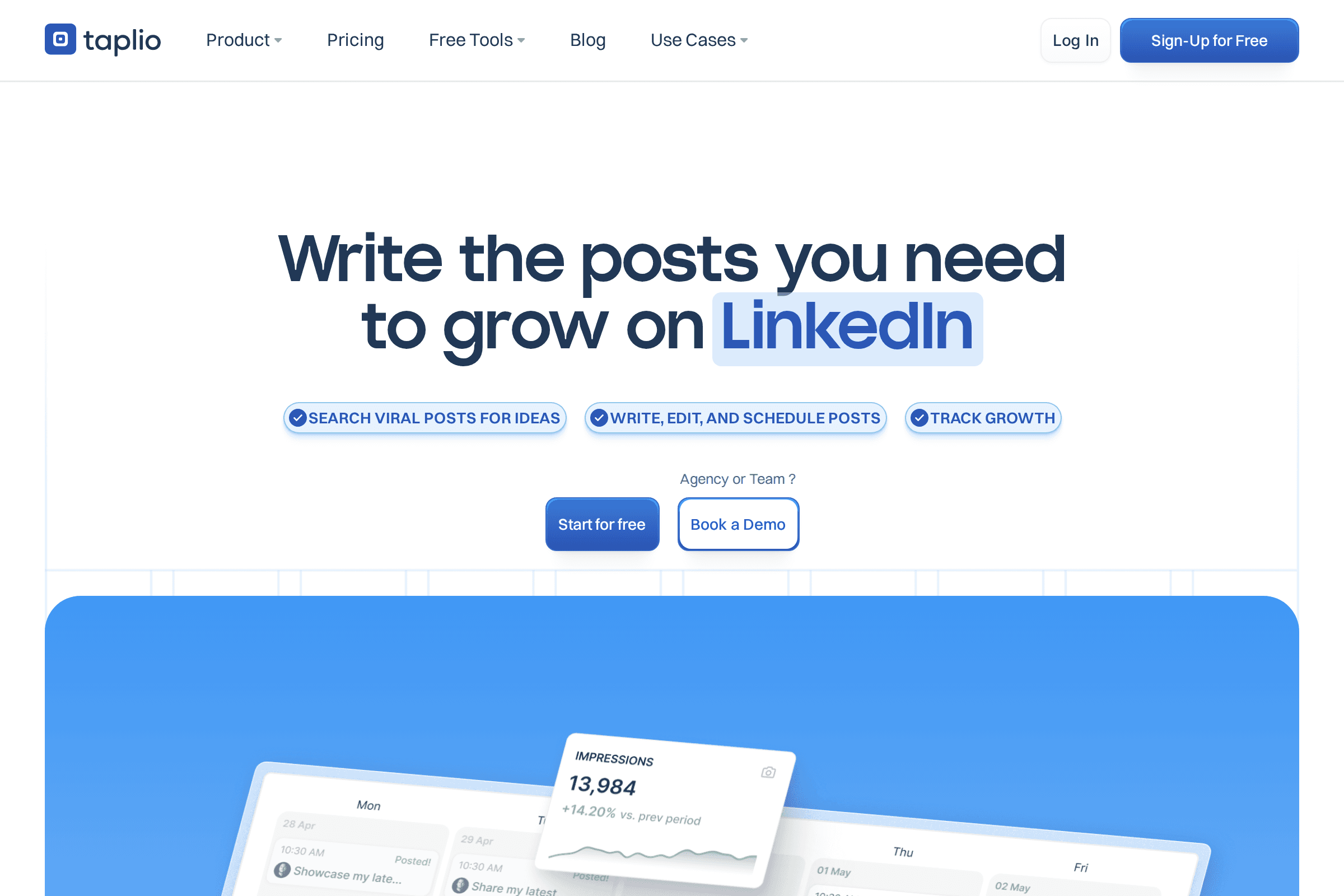 Taplio homepage showing LinkedIn growth platform features and pricing